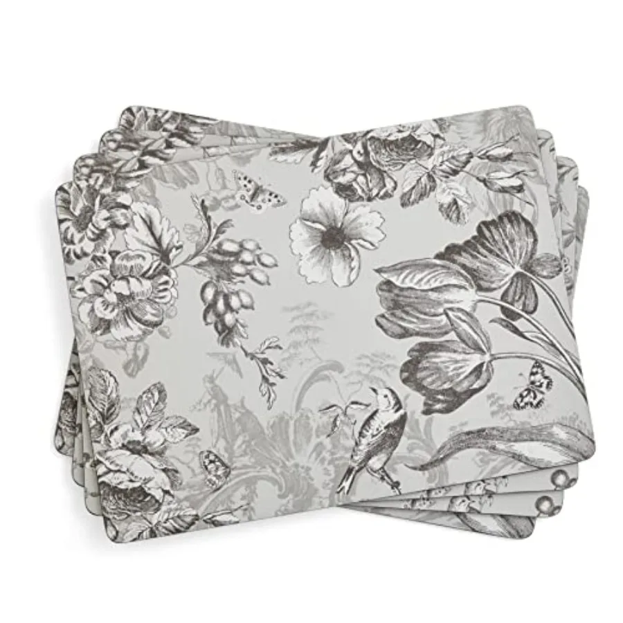 

Vintage Garden Placemats Set of 4 15.7 x 11.7 Cork-Backed Rectangular Dining Mats with Grey Floral Illustration Heat Stain Resi