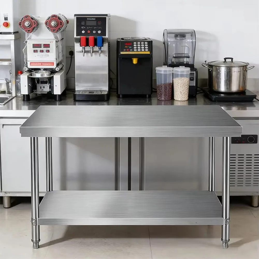 Commercial Stainless Steel Worktable Double Layer Kitchen Prep Table Brushed Finish Heavy Duty Bench for Restaurant Home