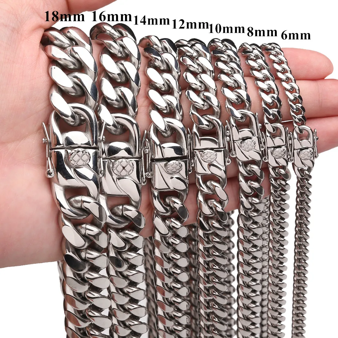 

6-18mm Any Length Women Mens Silver 316L Stainless Steel Miami Curb Cuban Chain Necklace Bracelet