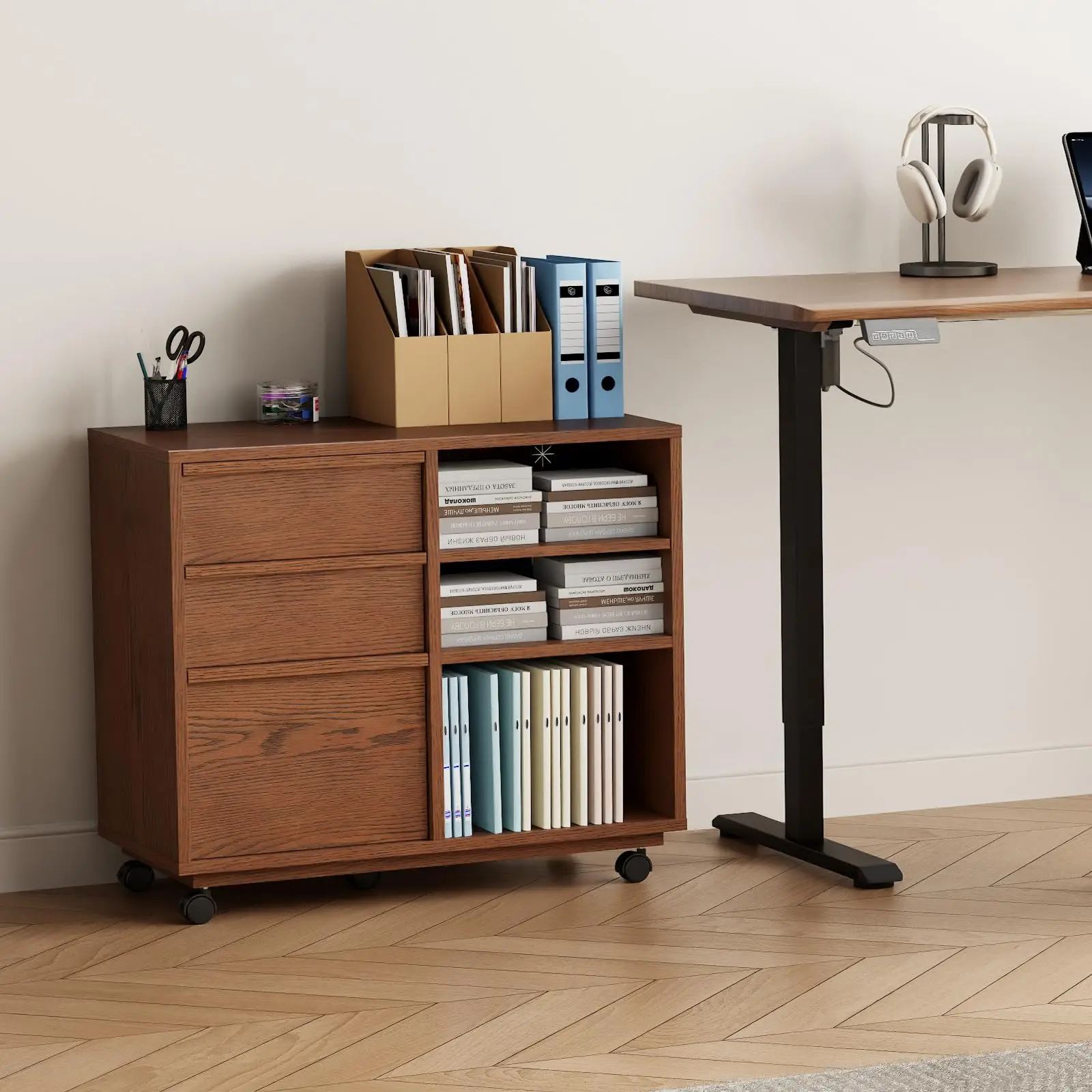 Solid Wood Lateral Filing Cabinet, 3 Drawer Mobile File Cabinet,Stand with Open Shelves,Storage Drawer Cabinet，The