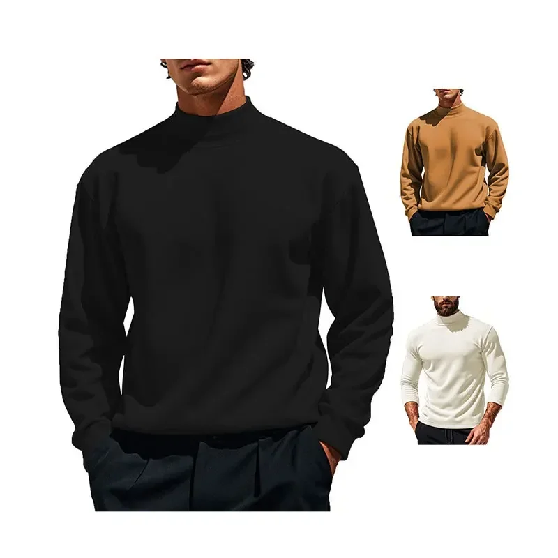 

New Men Simple Thick Solid Top Pullovers Autumn Winter Regular KnitSweatersKnitted Mock Neck Full Sleeve Casual Tops