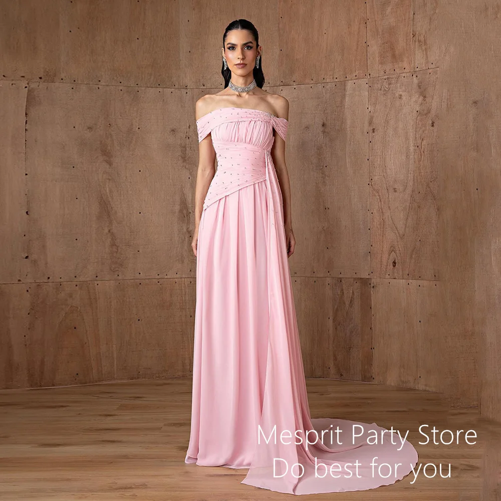 Pink Evening Dress Off The Shoulder Boat Neck Customized Pleat Beading Wedding Party Gown Chiffon Arabian Prom Dresses