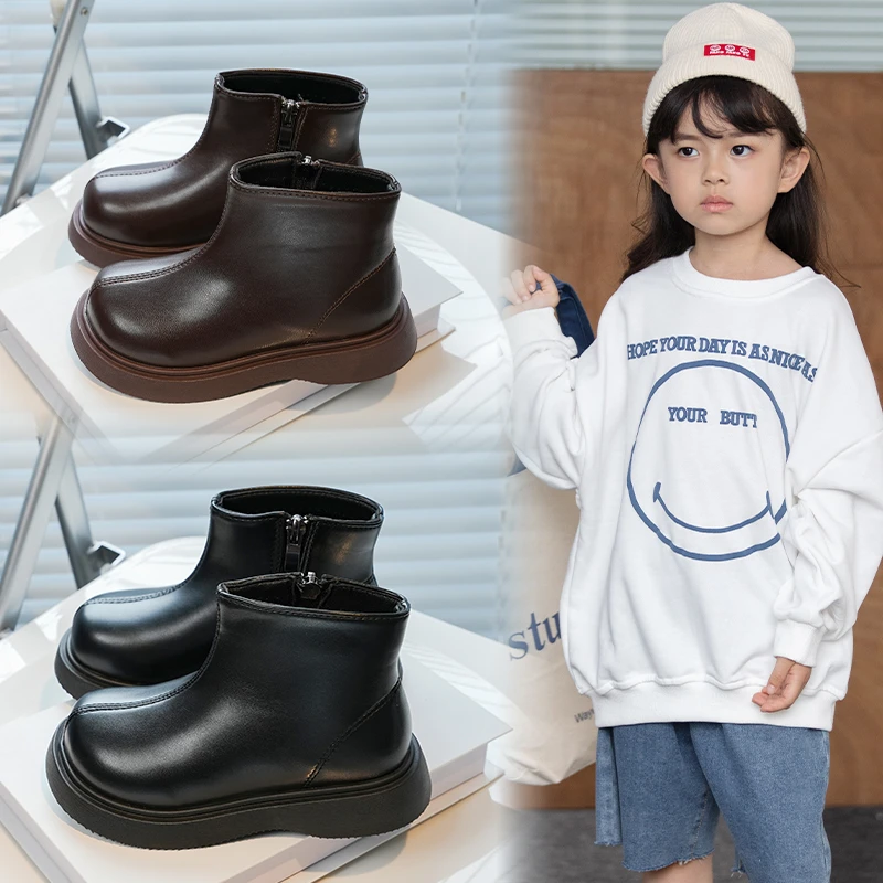 

Kids Leather Boots with Side Zipper Girls Ankle Boots Round Toes Soild Color 2025 Autumn Winter Children Short Fashion Boots