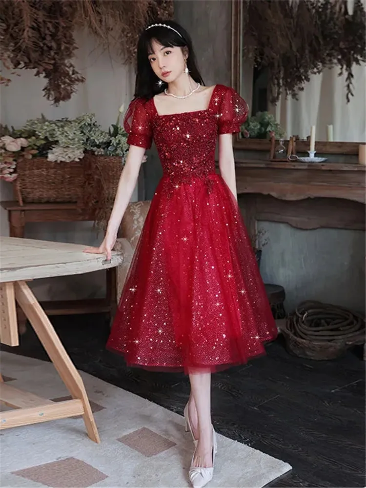 Elegant Wine Red Dress for Women, Monochrome, Sequin Applique, Square Collar, Mid-length, A-line Skirt, Fashion Evening Gown 083