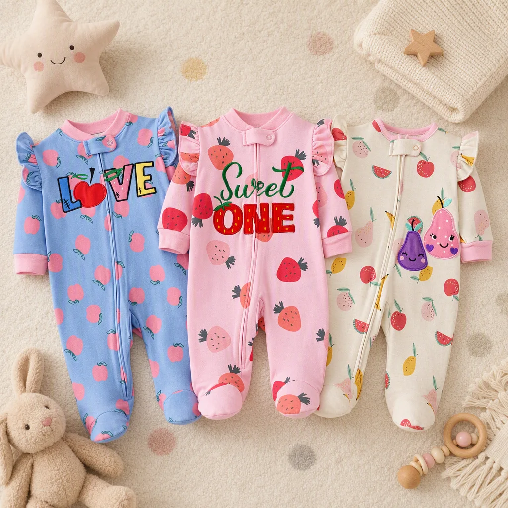 3-9M Infant Girls Cotton Footed Romper Ruffle Shoulder Fruit Print Cute Letter Embroidery Zipper Onesie All Seasons Baby Clothes