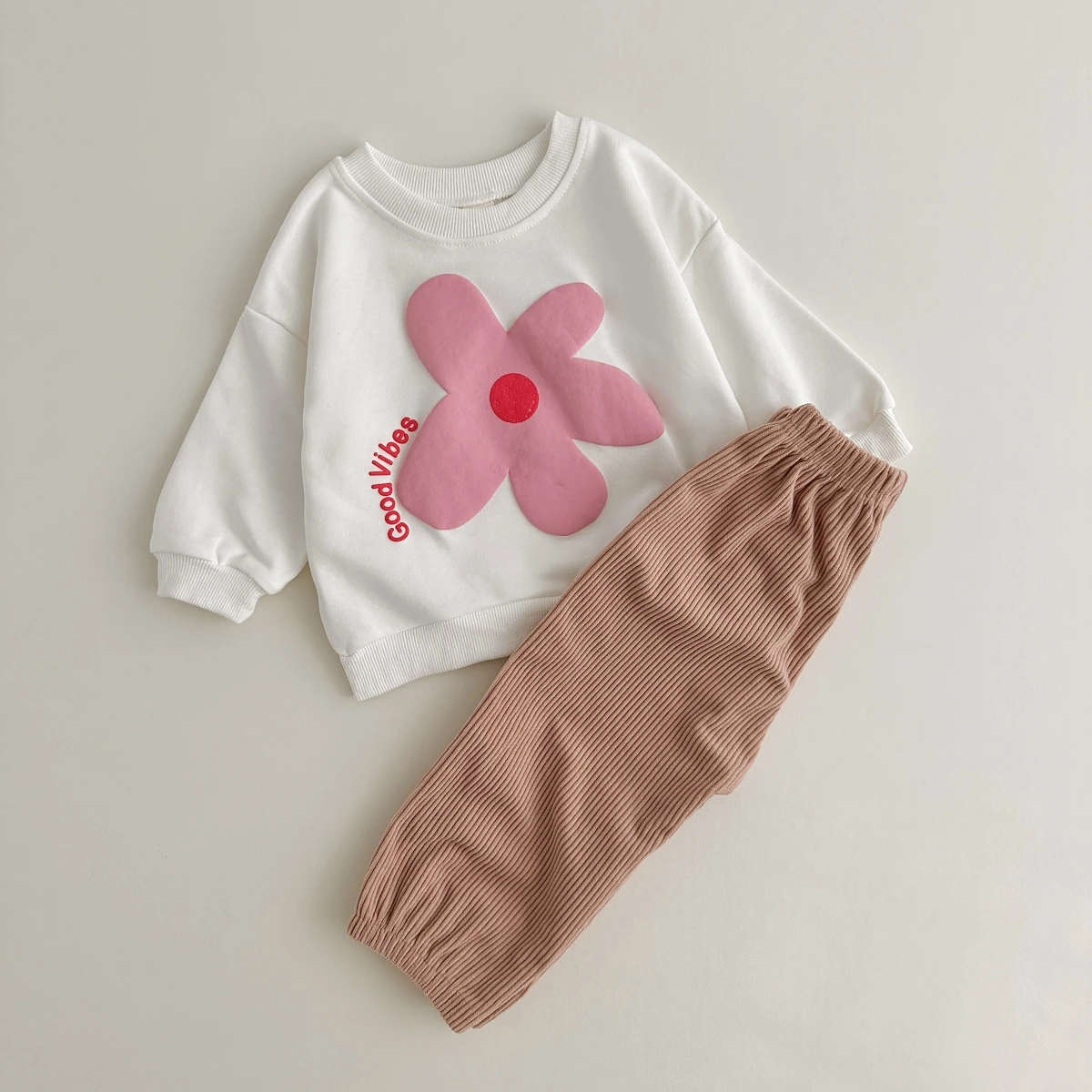 2PCS Autumn Baby Boys Girls Soft Clothes Casual Flower Sun Wave Prints Sweater+Corduroy Pants Kids Outfit Cotton Suit Fall