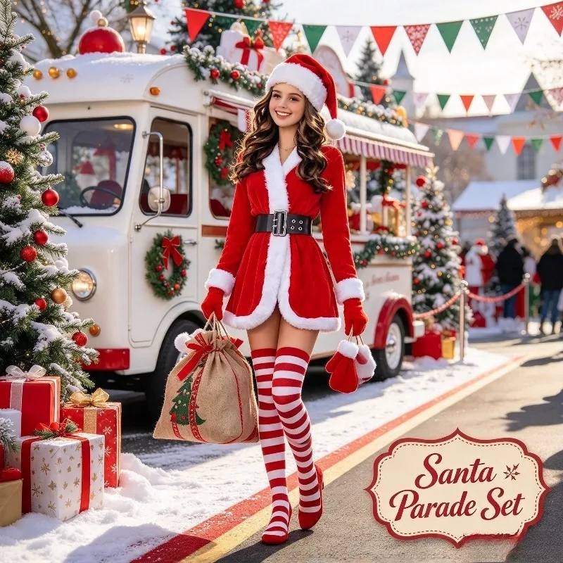 5-piece Set of Christmas Santa Claus Cosplay Uniforms Fashionable Costumes for Holiday Performances and DS Parties