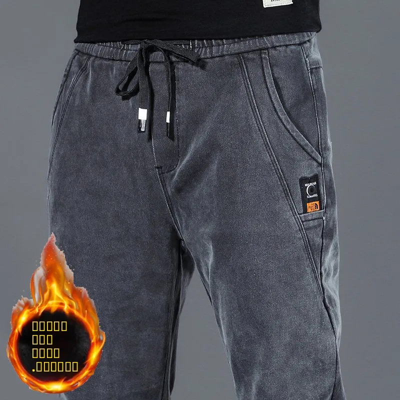 

Thiened Fce мужские джинсы с эластичной резинкой на талии, свободные повседневные винтажные теплые прямые брюки, осенне-зимние хлопковые молодежные модные брюки