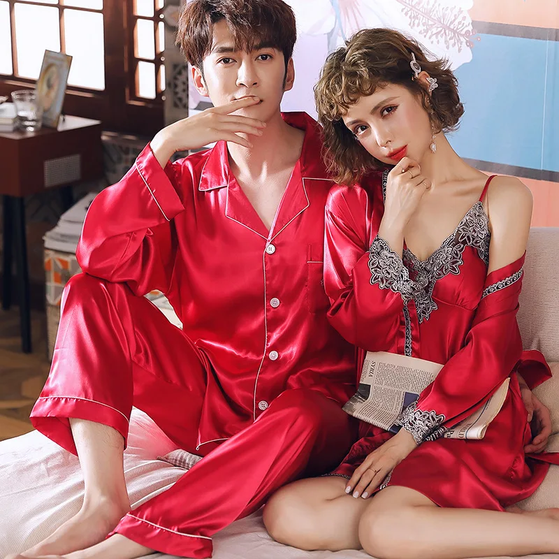 Couple Pajamas Suit Men Women Summer Ice Silk Thin Skirt Robe Spring Long-sleeved Home Clothing Lovers Loungwear Male Female