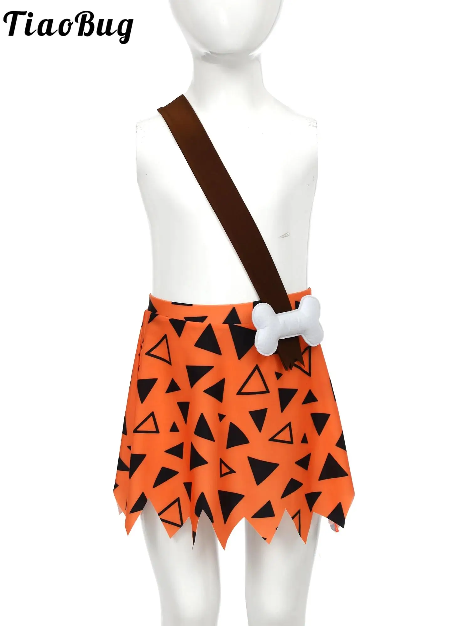 

Boys Caveman Costumes Triangle Patterns Shoulder Strap Jagged Hem Skirt Waist with 3D Bone Decor Halloween Carnival Party Suit