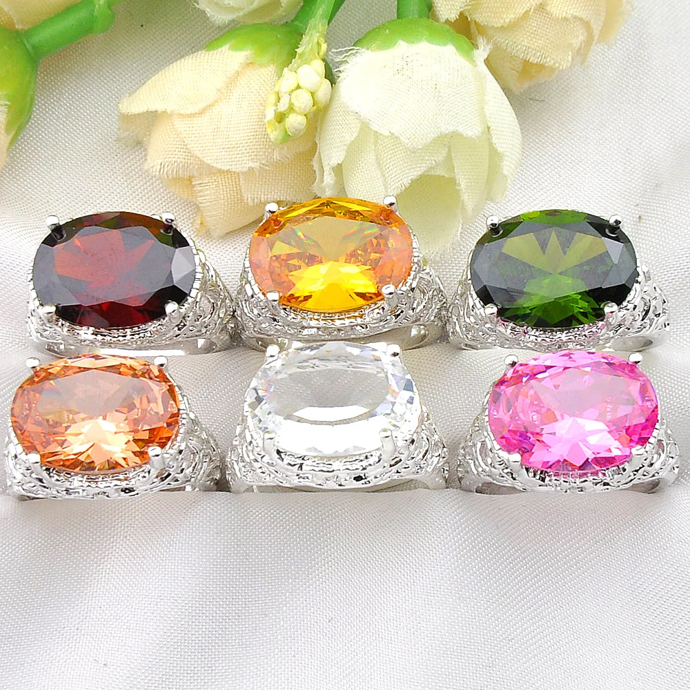 Luckyshine Classic Oval Cut Garnet Citrine Morganite Peridot Topaz Gemstone Silver Rings Size 7 8 9