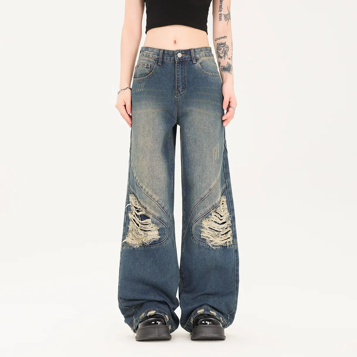 

Street tide washed deconstructed ripped jeans 2024 autumn vintage vibe wide-leg high street jeans