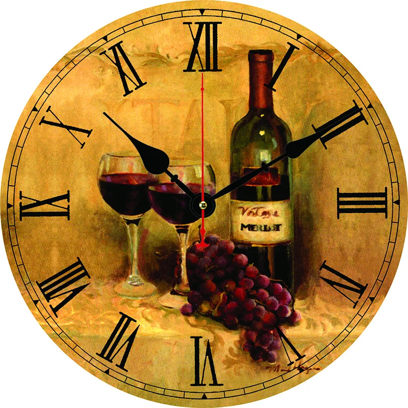 Reloj de pared redondo con diseño de uva y vino tinto Vintage, reloj de pared para decoración del hogar, sala de estar, dormitorio, cocina, reloj de cuarzo silencioso
