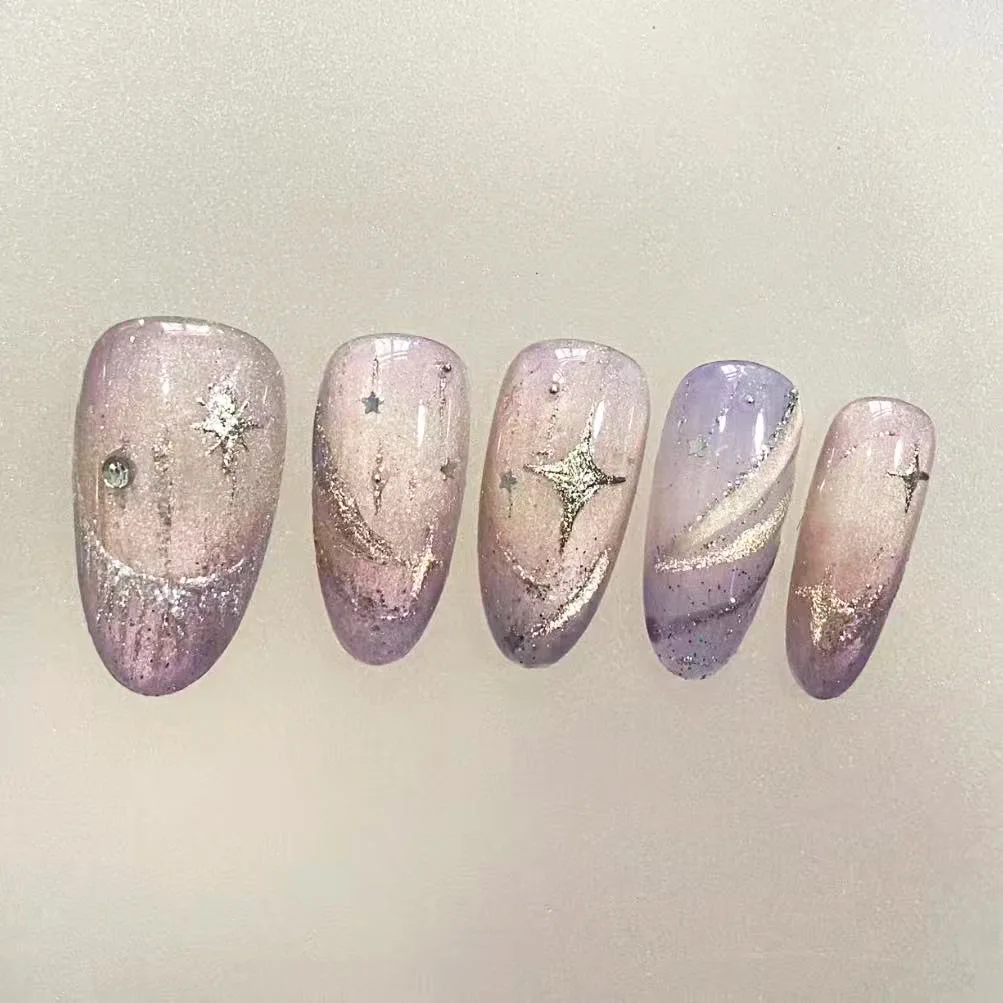 24Pcs Gilded Cat's Eye Almond Press on Nails Star Moon Relief Design Stick on Nails False Blue Pink Gradient Tips Long Fake Nail - view 6