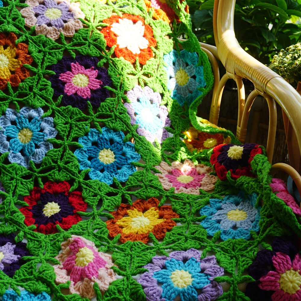 Handmade Granny Square Crochet Throw Green Blanket Sweater Style Year Round Gift Travel Accent for Sofa Home Decor