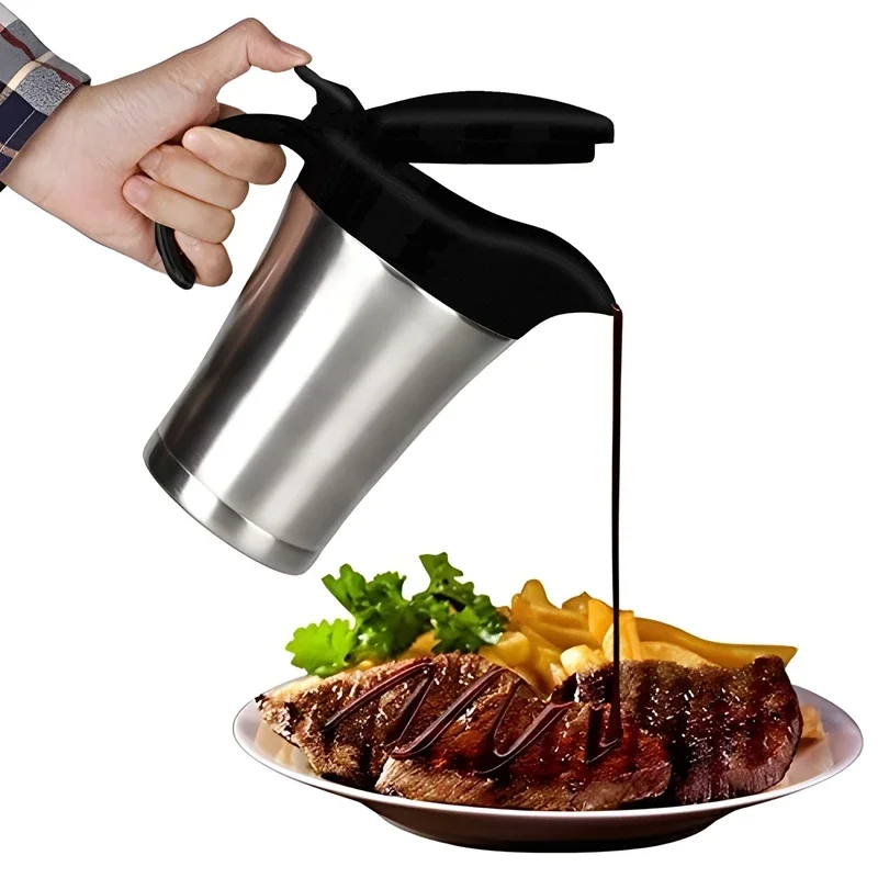 Gravy Boat 750ml Stainless Steel Saucier with Lid and Smooth Spout for Dinner Party Warming Sauces Salad Dressing Milk Buffet