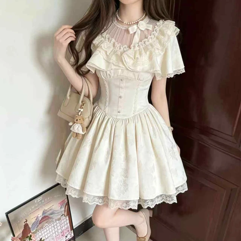 Japanese Kawaii Lolita Dress Women Sweet Lace Ruffle Off-shoulder Smock Cloak Dresses Female Vintage Elegant Evening Party Dress