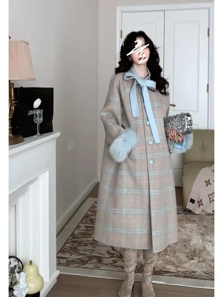 Korea Woll mantel Frauen Kawaii lose süße lange Jacke Gitter Pelz Mantel Mode warme Winter Out wears