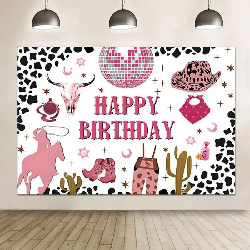 

Pink Western Cowgirl Theme Backdrop For Photography Vintage West Cowboy Hat Cactus Kids Party Photo Background Decor Banner