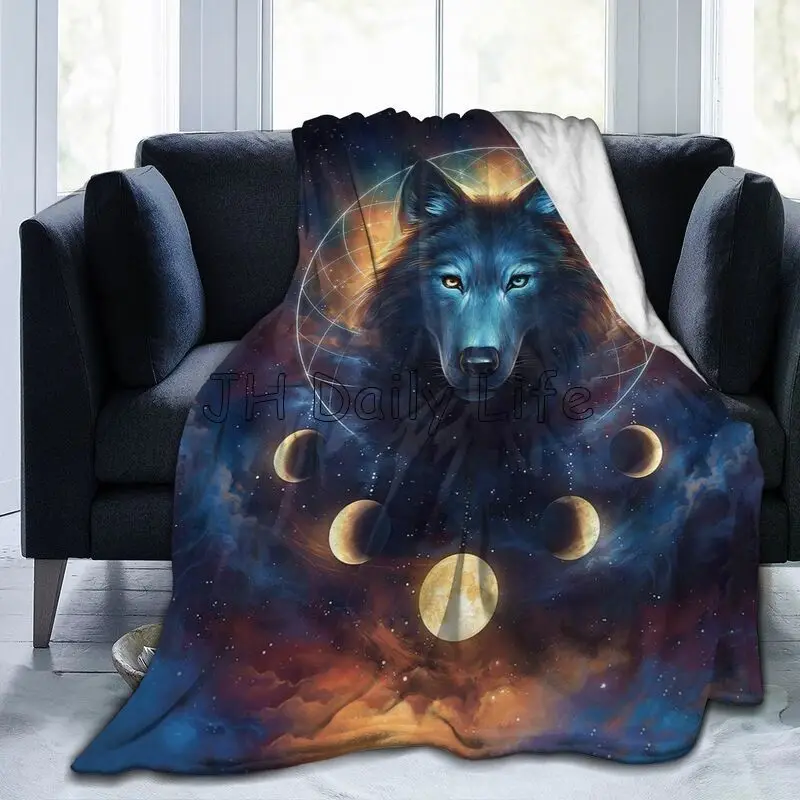 Cool Wolf Galaxy Moon Print Blanket Soft Warm Full Fleece Throw Blanket Flannel Fuzzy Travel Blankets Throws for Bed Sofa Picnic