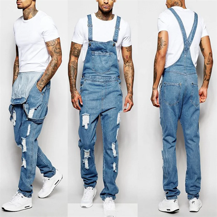 Men's Ripped Denim Bib Overalls Fashion Full Length Suspender Pants Daily Classic Jeans High Street Jumpsuit Casual Trousers