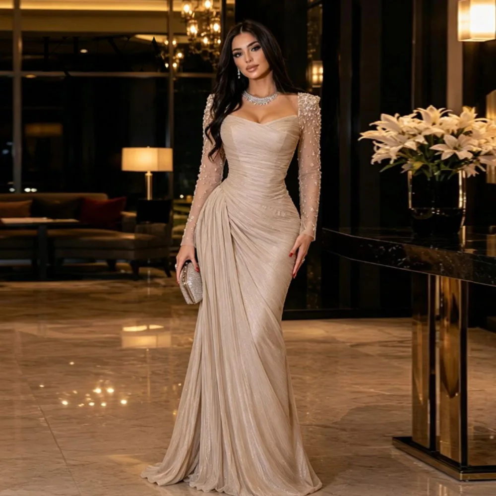 KUXA Maßgeschneidertes formelles Kleid, trägerloses, langärmliges, bodenlanges Fischschwanzkleid mit Perlen, elegante Partykleider فساتين سهرة 026
