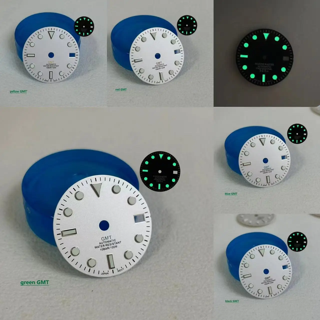 28.5mm verde luminoso branco preto s logotipo dial relógio gmt mark dial relógios peças caber nh34 nh34a movimento acessórios data janela