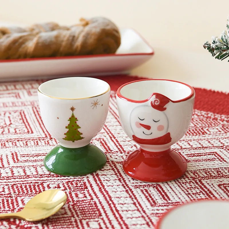 Christmas Tree Snowman Ceramic Egg Cup Mini Holder for Boiled Egg Serving Holiday Party Home Table Tableware Kitchen Accessories
