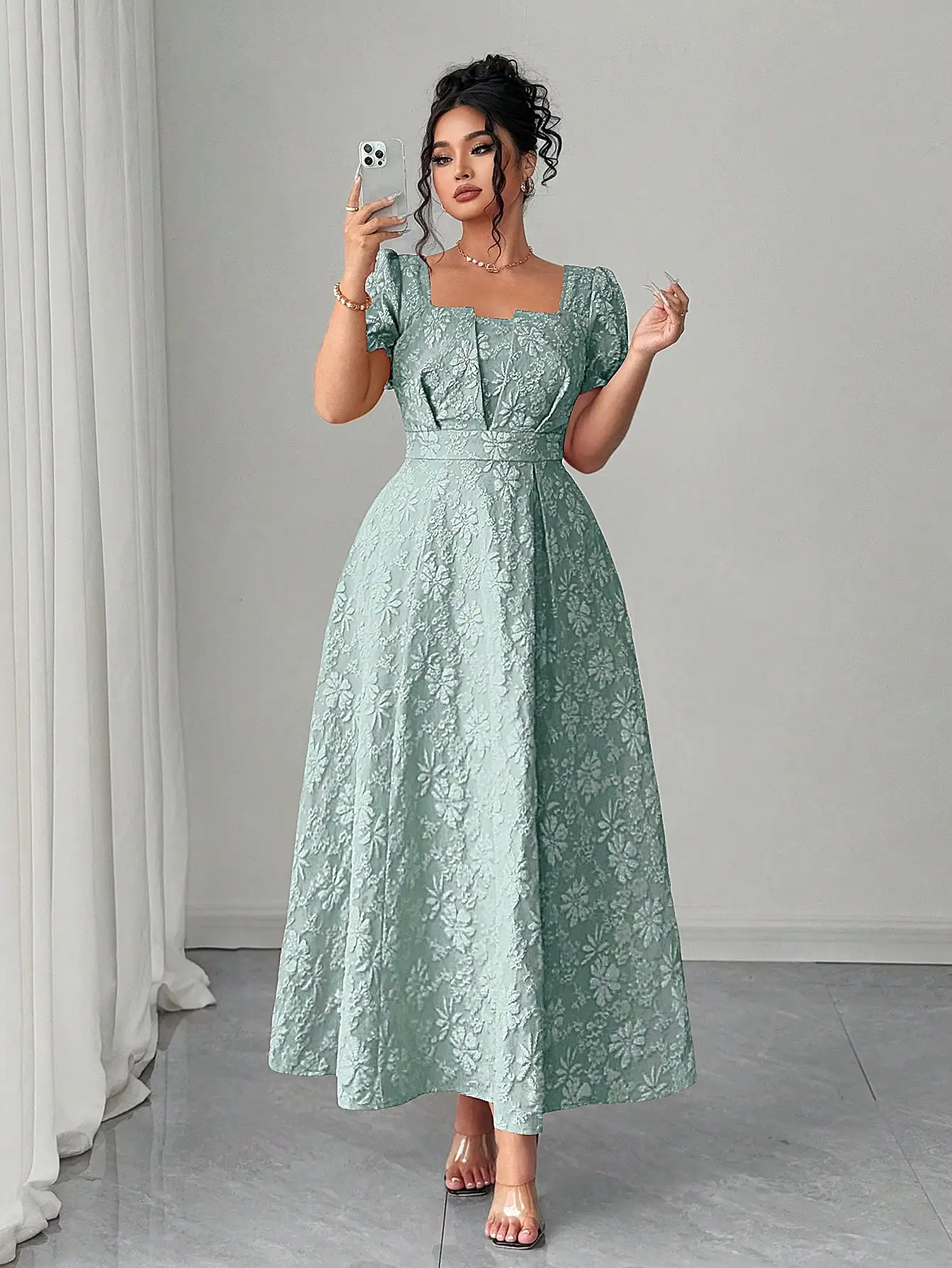 

Elegant Vintage Floral Jacquard Square Collar Waist Cinched Long Dress For Women