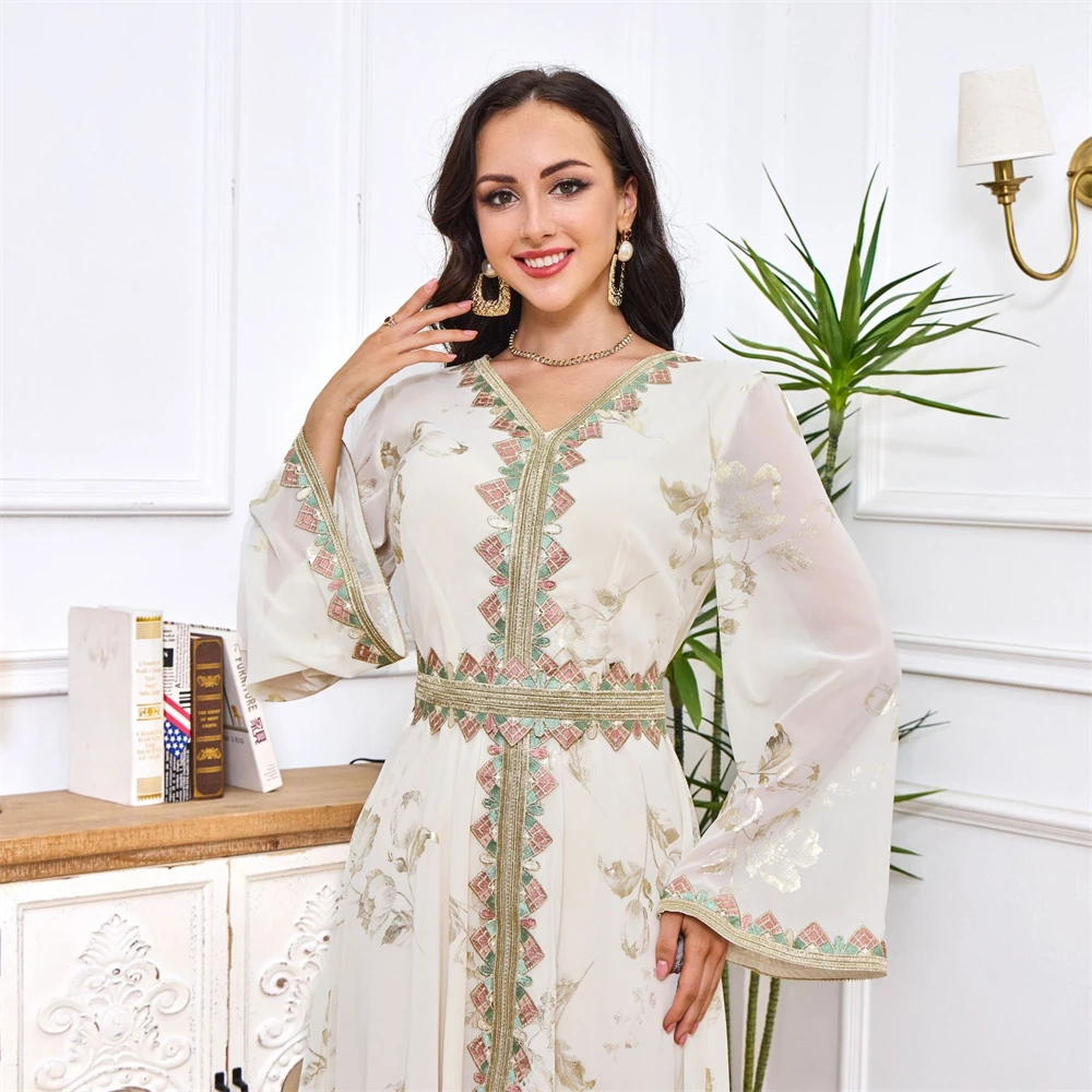 Chiffon Elegant Muslim Dress for Women with Belt V Neck Long Sleeves Arabic Casual Dresses Long Party Gown Caftan