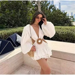 UNIZERA2024 Spring New Product Women's Fashion Slim Fit Solid Color V-Neck Waistband Decoration Hollow Fluffy Short Skirt Dress