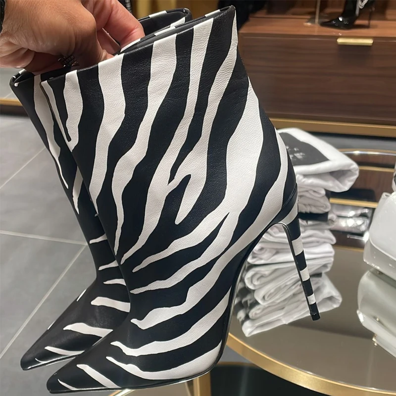 

Zebra Pattern Pointed Toe Stiletto Ankle Boots Woman Winter 2026 Slip-On Print Knee-High Boots Female Shoes for Women