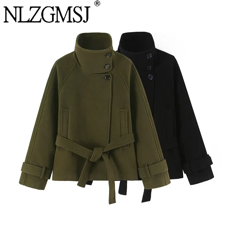 NLZGMSJ Women's Stand Collar Coat Tops Imitation Woolen Belt Coat Streetwear Jacket Trendy Casual 2026 Autumn Winter Outerwear
