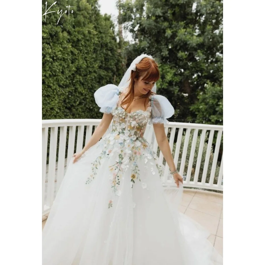 Suknia ślubna w stylu Kyoto, białe kwiatowe aplikacje, fason A, bufiaste rękawy, leśne Vestidos De Noche, długa do podłogi, formalna, kolekcja 2025