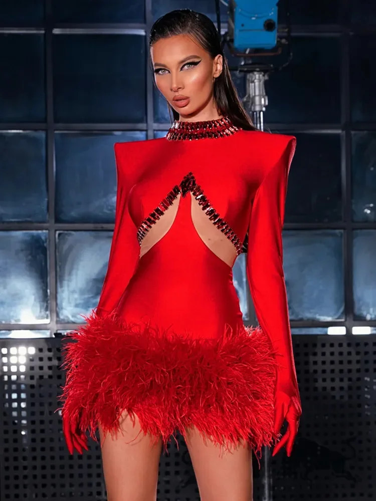 

Women Celebrity Sexy Long Sleeve Feather Beading Cut Out Red Mini Bodycon Bandage Dress 2023 Elegant Evening Club Party Dress