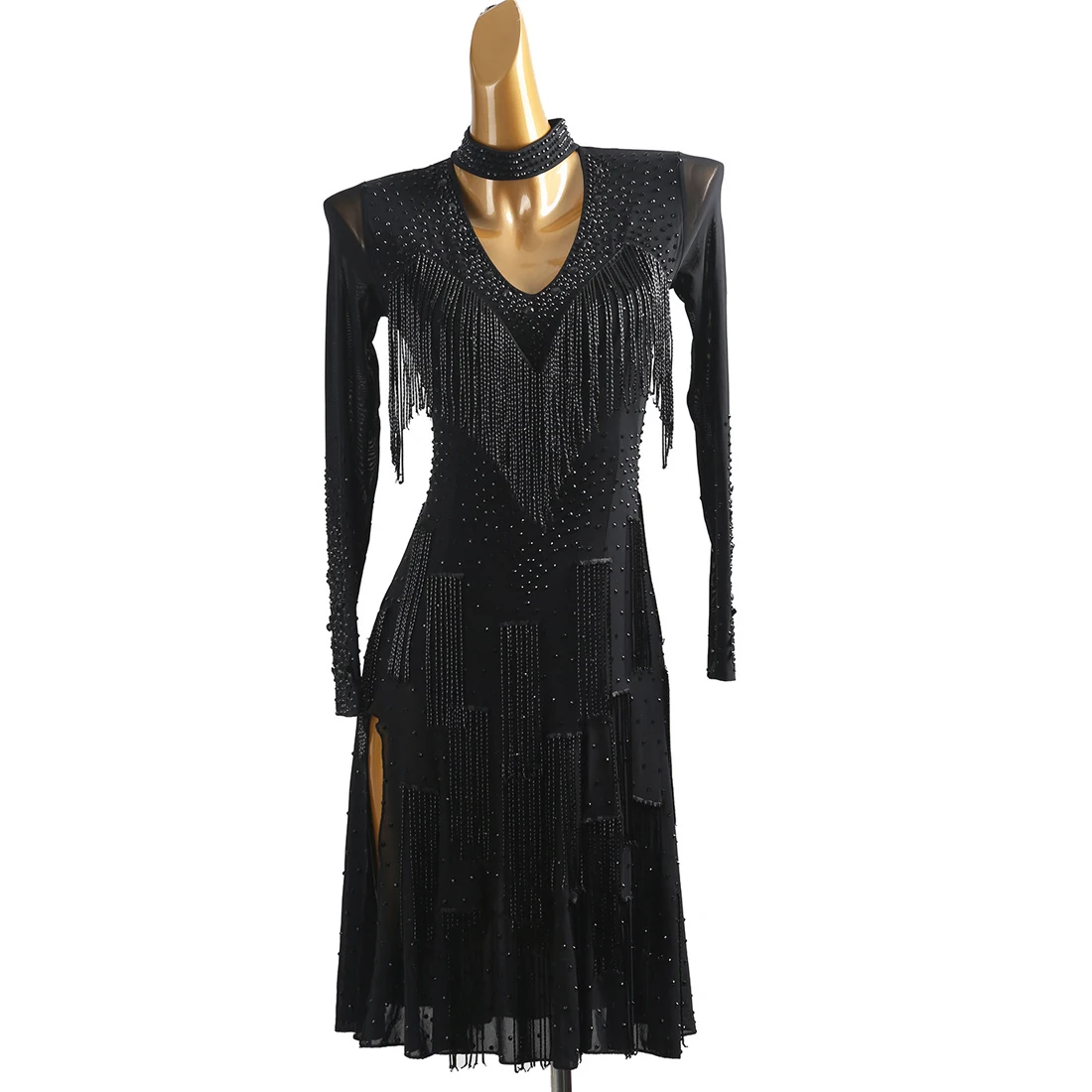

Customized Black Latin Dance Competition Floral Dress Mesh Long-sleeved Rhinestone Tassel Dress Professional Competition Dance