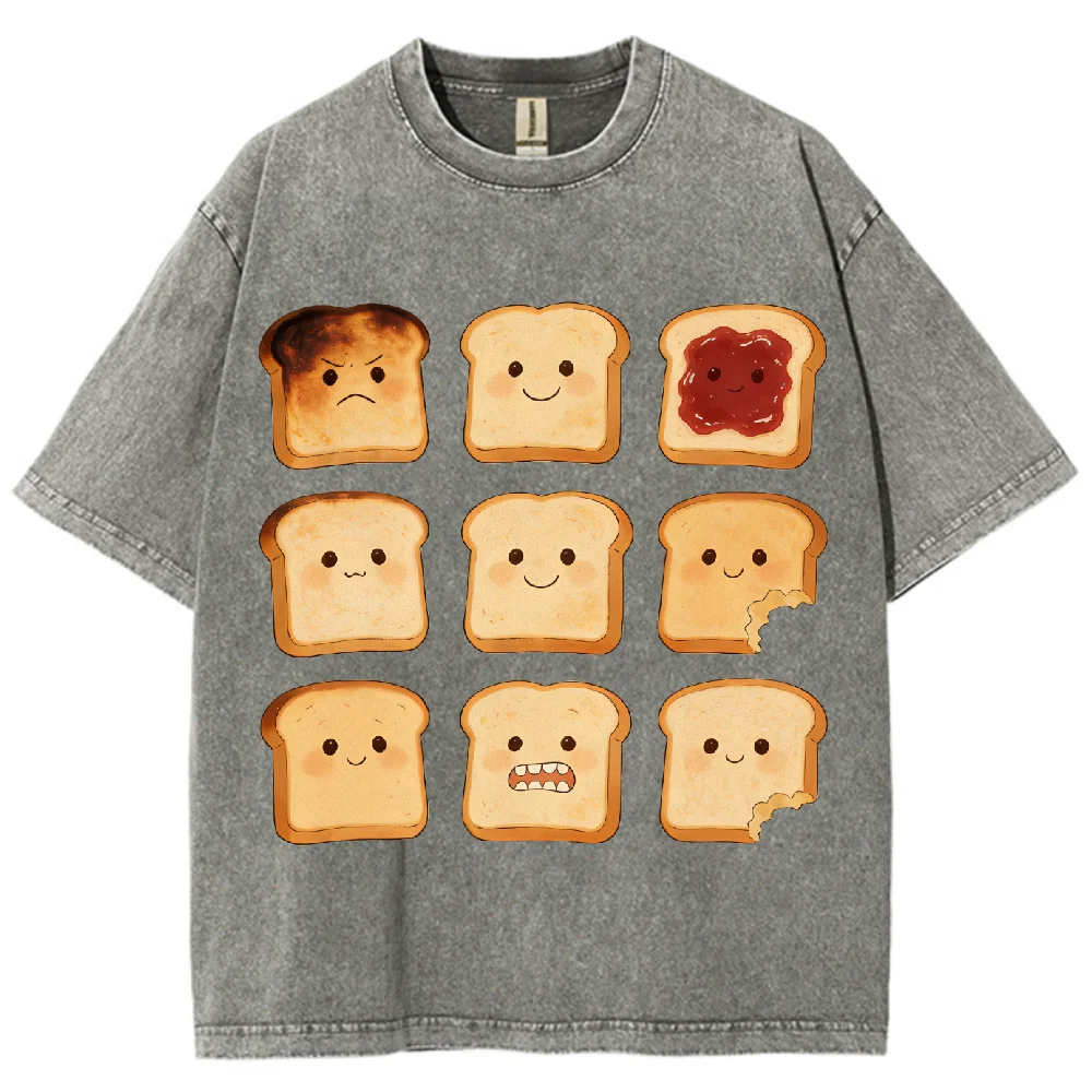 

Washed Emoji Toast Print Oversized T Shirt Unisex Waffle Texture Y2K Retro Casual Graphic Tee for Food Lovers Summer Streetwear