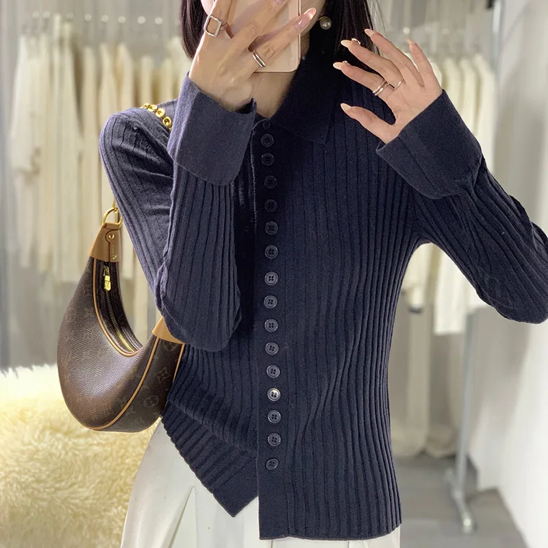 Women\'s Cardigan Autumn/Winter 100% Wool Sweater Casual Solid Color Knitted Sweater POLO Neck Tops All-match Basic Slim Blouse