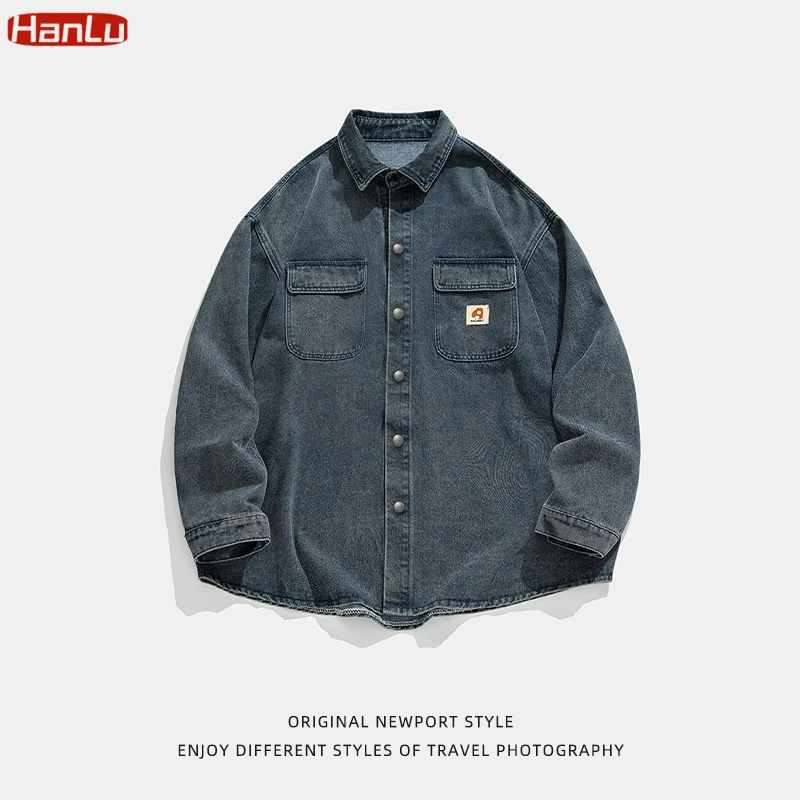 Korean Fashion Denim Cotton Men\'s Shirt Long Sleeve Black Blue Drop Shoulder Pockets Cowboy Coats Loose Casual Cargo Jeans Jacke