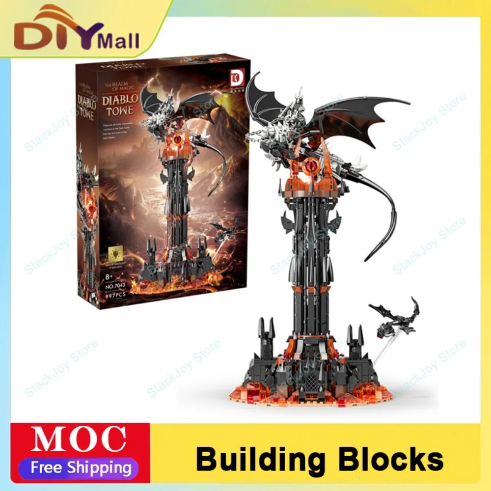 Deke 997 peças moc conjunto de construção de torre escura com dragão preto castelo gótico modelo de arquitetura tijolos diy para crianças presente de natal