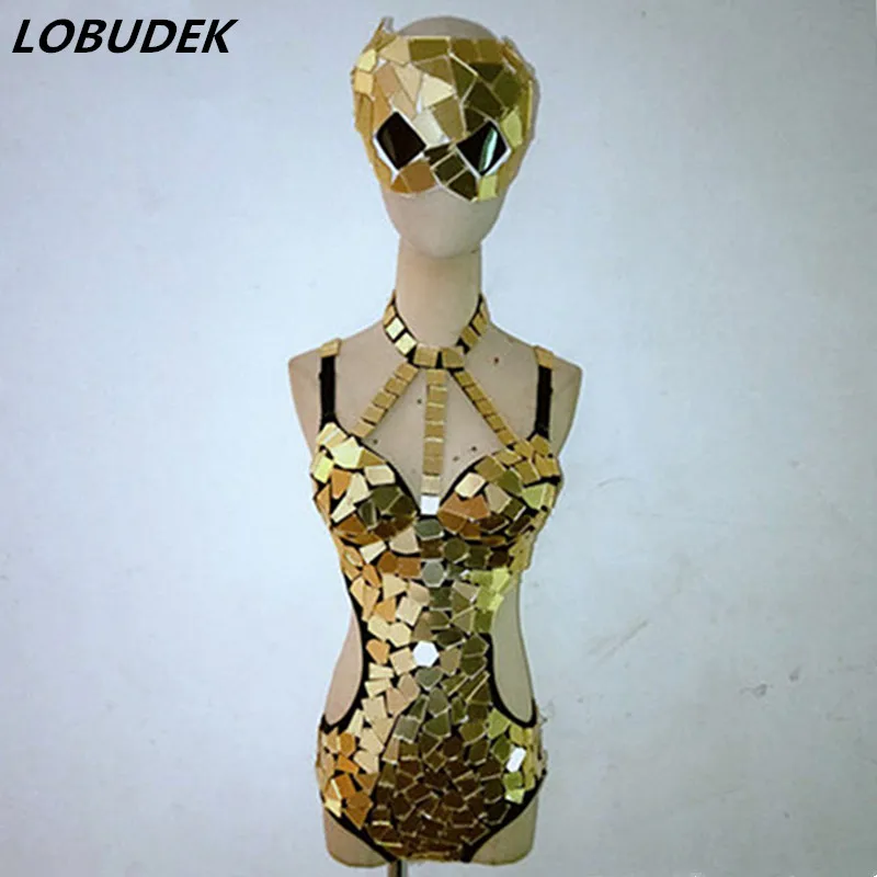 Sexy Bar Club Rave Party Gold Silver Mirror Mask Backless Sequins Bodysuit DJ Dance Outfit Women Dancer Team Nightclub Costume