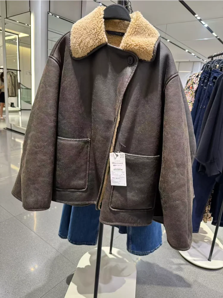 خريف 2025 ملابس خارجية نسائية فضفاضة من الفرو والجلد ذات ياقة على الوجهين طويلة Sve Jaet ملابس خارجية من ألياف البوليستر #1