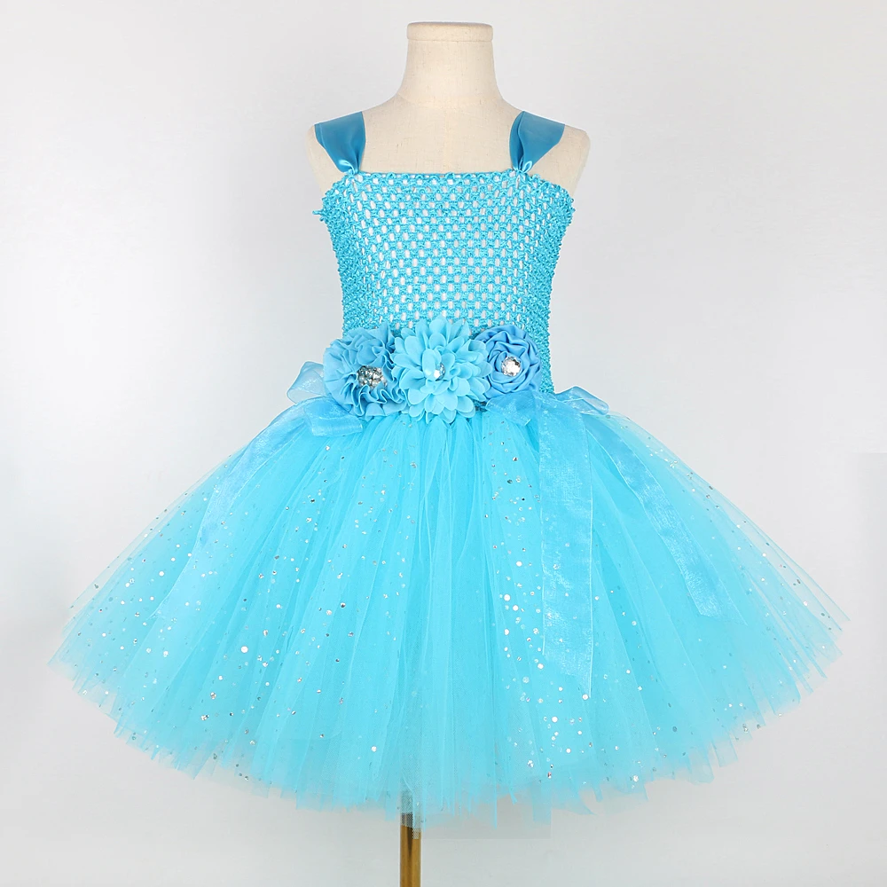 Sparkly Turquoise Blue Fairy Costumes for Girls Halloween Fairies Princess Dresses Tutu Outfit with Butterfly Wings Magic Stick