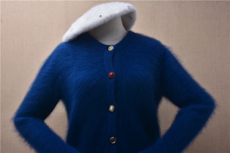 Ladies Women Autumn Winter Fashion Blue Hairy Angora Rabbit Hair Colored Buttons Short Style Slim Cardigans Sweater Jacket Coat