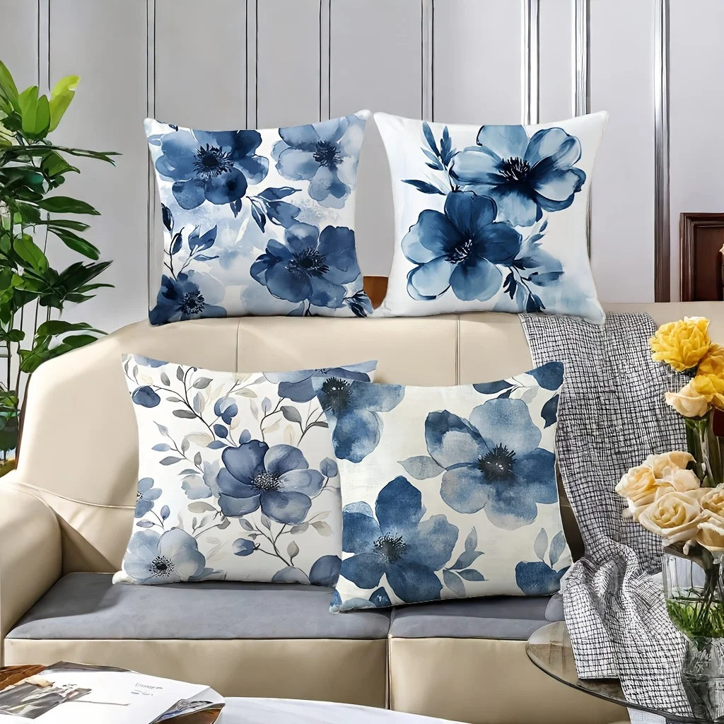 4 fundas de almohada con diseño floral Art Nouveau azul, 44,96 cm x 44,96 cm, fundas de cojín con cremallera de poliéster tejido