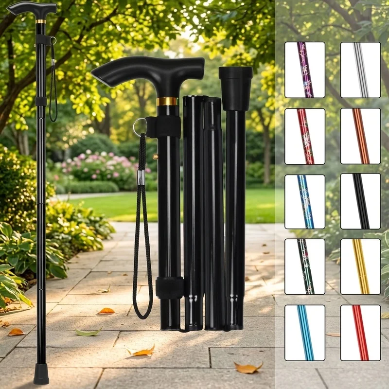 Folding Cane Portable Adjustable Walking Stick 5 Level Height Foldable Design with Wrist Strap T Handle for Men Women Seniors