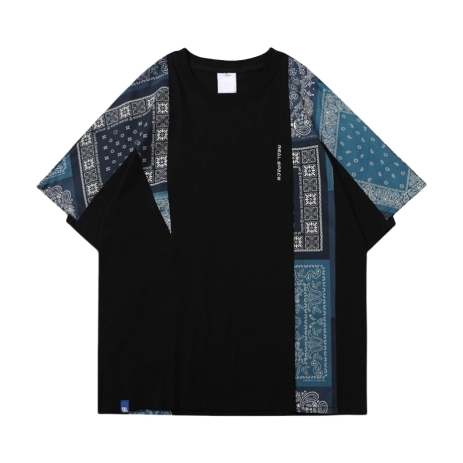 Paisley Splicing Cotton TShirt Men Streetwear Harajuku Short Sleeve T-Shirts Oversized Vintage National Style Casual Tees Tops