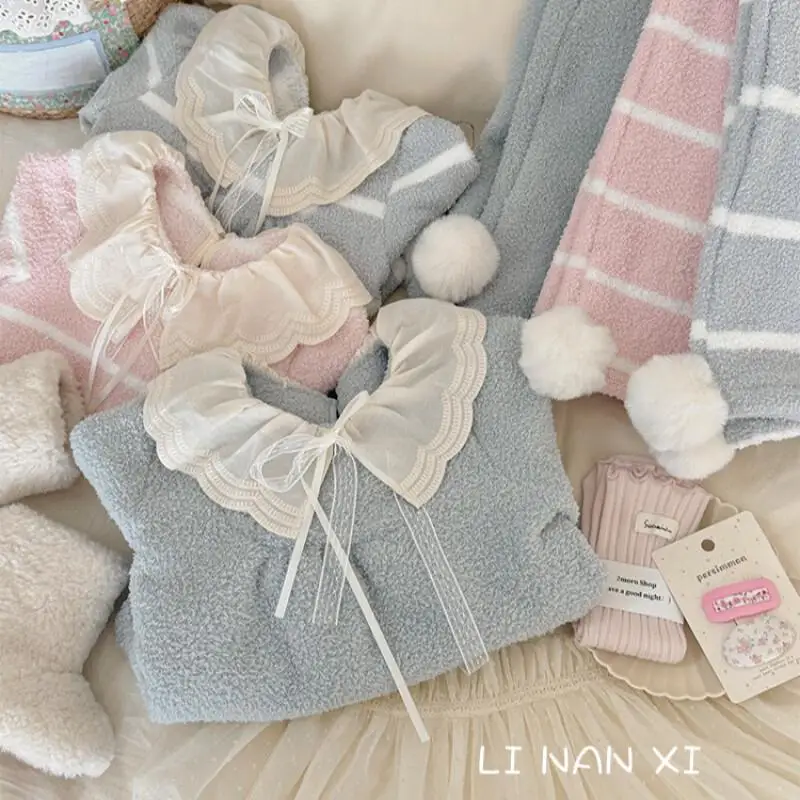 

Пижамный комплект с рюшами для девочек, осенне-зимняя полосатая домашняя одежда, мягкая теплая утепленная домашняя одежда, новая модная детская одежда, повседневный стиль