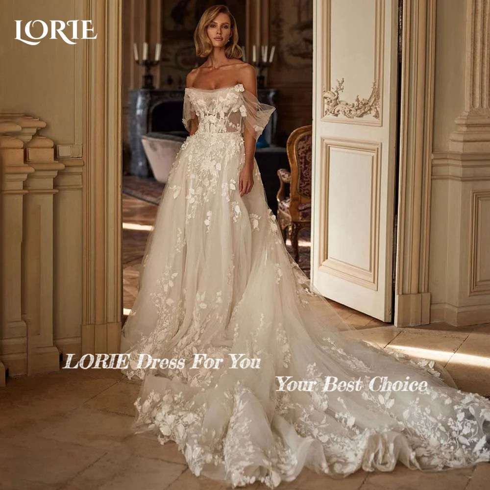 LORIE Elegant Lace Wedding Dresses Slit Appliques Off Shoulder 3D Flowers Luxury Bridal Gowns Brush Train Customed Bride Dresses