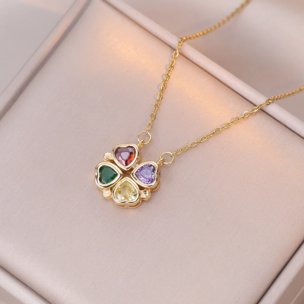 Stainless Steel Chain Classic Colorful Zircon Clover Pendant Necklace for Women Lady Vintage Elegant Jewelry Party Accessories